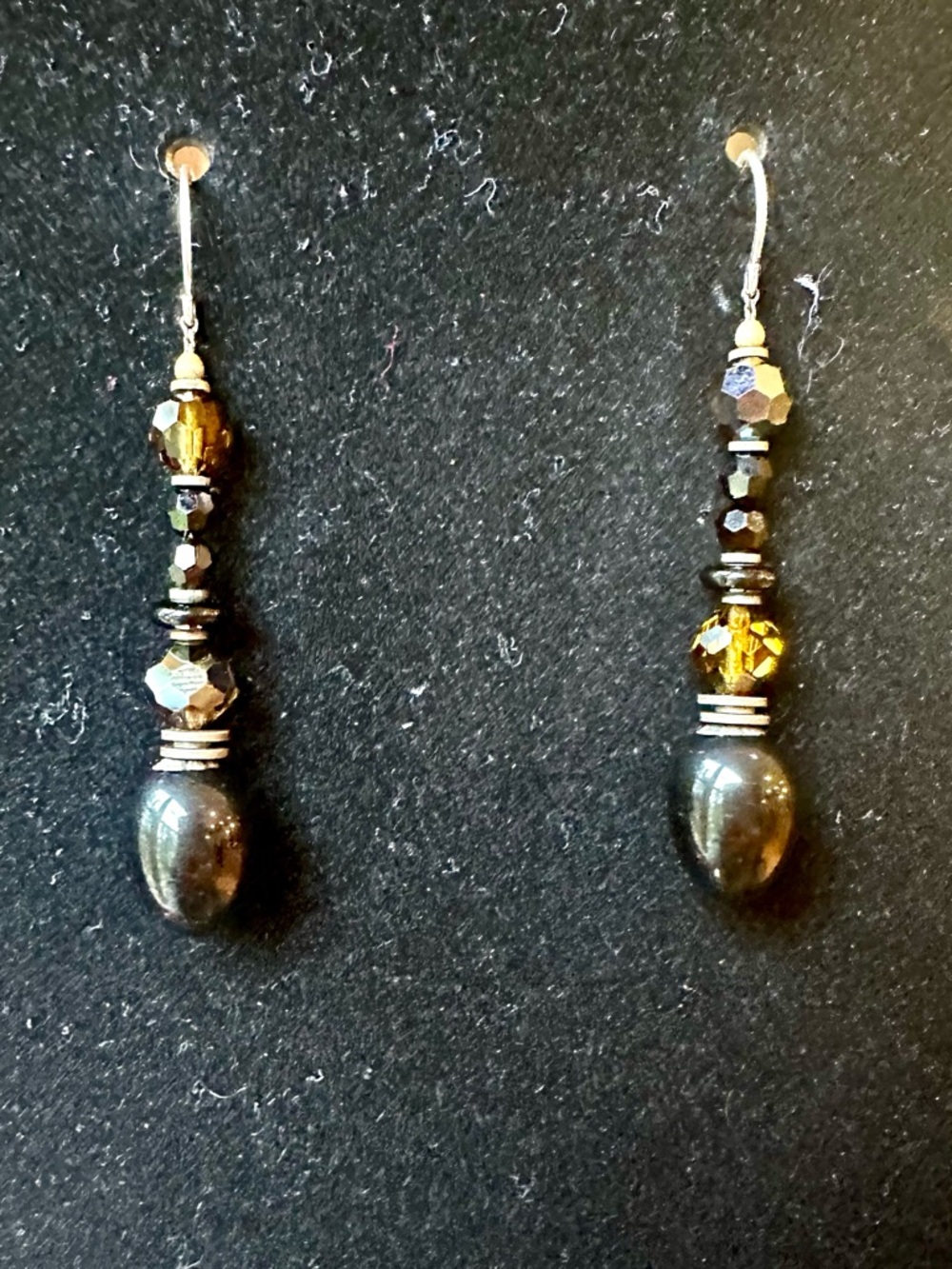 Black Agate & Amber Gold Beaded Drop Earrings